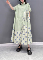 Chic Green Peter Pan Collar Dot Patchwork Button Pockets Wrinkled Dress Half Sleeve