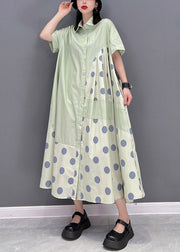 Chic Green Peter Pan Collar Dot Patchwork Button Pockets Wrinkled Dress Half Sleeve