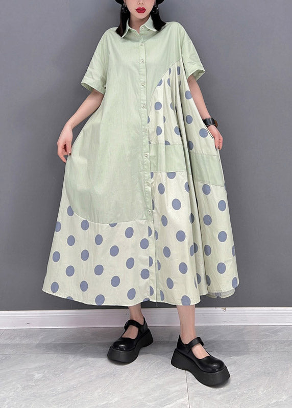 Chic Green Peter Pan Collar Dot Patchwork Button Pockets Wrinkled Dress Half Sleeve