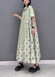 Chic Green Peter Pan Collar Dot Patchwork Button Pockets Wrinkled Dress Half Sleeve