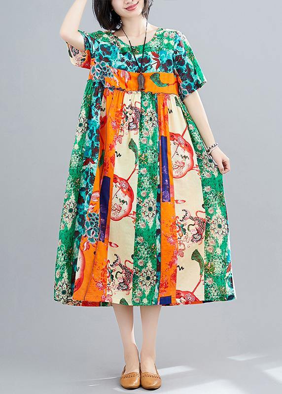 Chic Green Print Dresses O Neck Patchwork Maxi Spring Dress - SooLinen