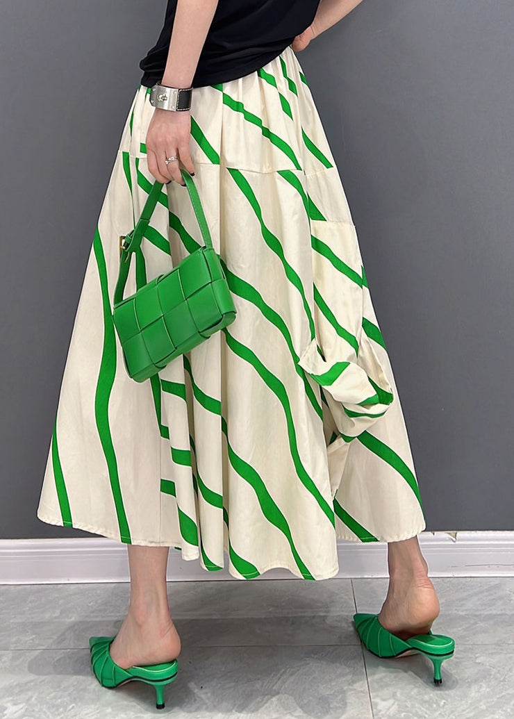 Chic Green Striped Elastic Waist Asymmetrical Cotton Loose Skirts Summer