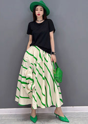 Chic Green Striped Elastic Waist Asymmetrical Cotton Loose Skirts Summer