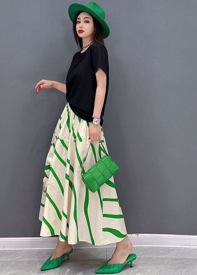 Chic Green Striped Elastic Waist Asymmetrical Cotton Loose Skirts Summer