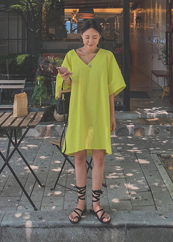 Chic Green V Neck Linen Mid Dresses Half Sleeve