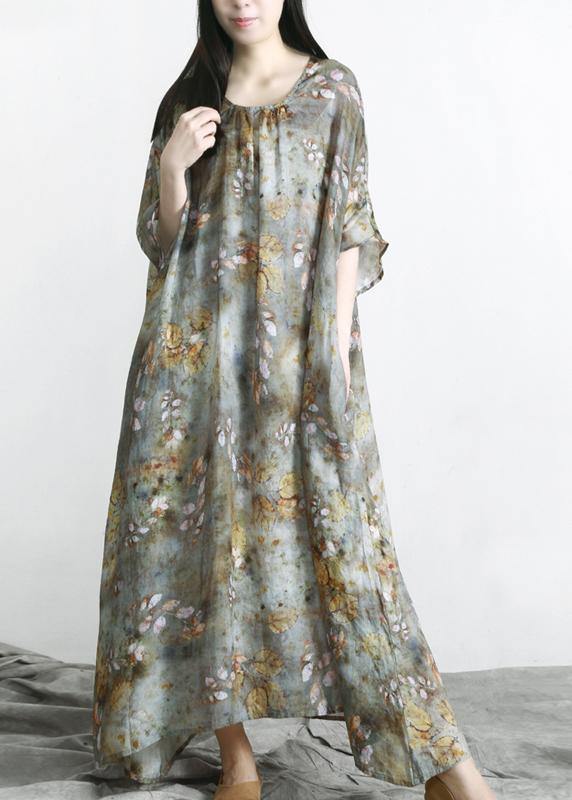 Chic Grey Green Print Linen Pockets Summer Dresses - SooLinen