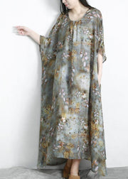 Chic Grey Green Print Linen Pockets Summer Dresses - SooLinen