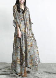 Chic Grey Green Print Linen Pockets Summer Dresses - SooLinen