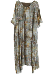 Chic Grey Green Print Linen Pockets Summer Dresses - SooLinen