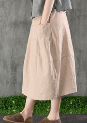 Chic Khaki elastic waist Pockets Cotton Linen A Line Skirt Spring