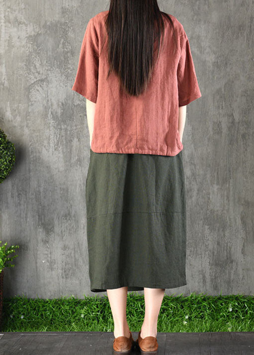 Chic Khaki elastic waist Pockets Cotton Linen A Line Skirt Spring