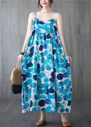 Chic Lake Blue Backless Dot Print Linen Spaghetti Strap Dresses Sleeveless