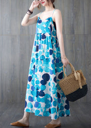 Chic Lake Blue Backless Dot Print Linen Spaghetti Strap Dresses Sleeveless