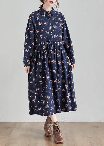 Chic Lapel Cinched Spring Tunics Shape Navy Print Traveling Dress - SooLinen