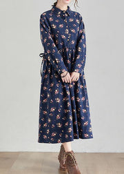 Chic Lapel Cinched Spring Tunics Shape Navy Print Traveling Dress - SooLinen