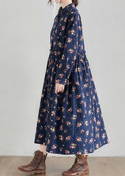 Chic Lapel Cinched Spring Tunics Shape Navy Print Traveling Dress - SooLinen