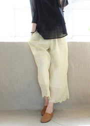 Chic Light Yellow Embroidery Trousers Thin Summer Elastic Waist Wardrobes Casual Pants - SooLinen