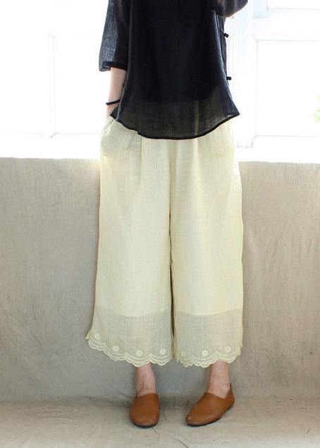 Chic Light Yellow Embroidery Trousers Thin Summer Elastic Waist Wardrobes Casual Pants - SooLinen