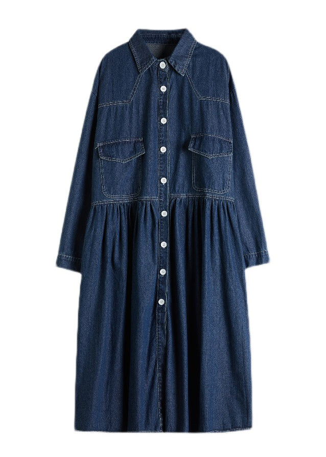 Chic Navy Peter Pan Collar Button Pockets wrinkled Denim Dress Spring