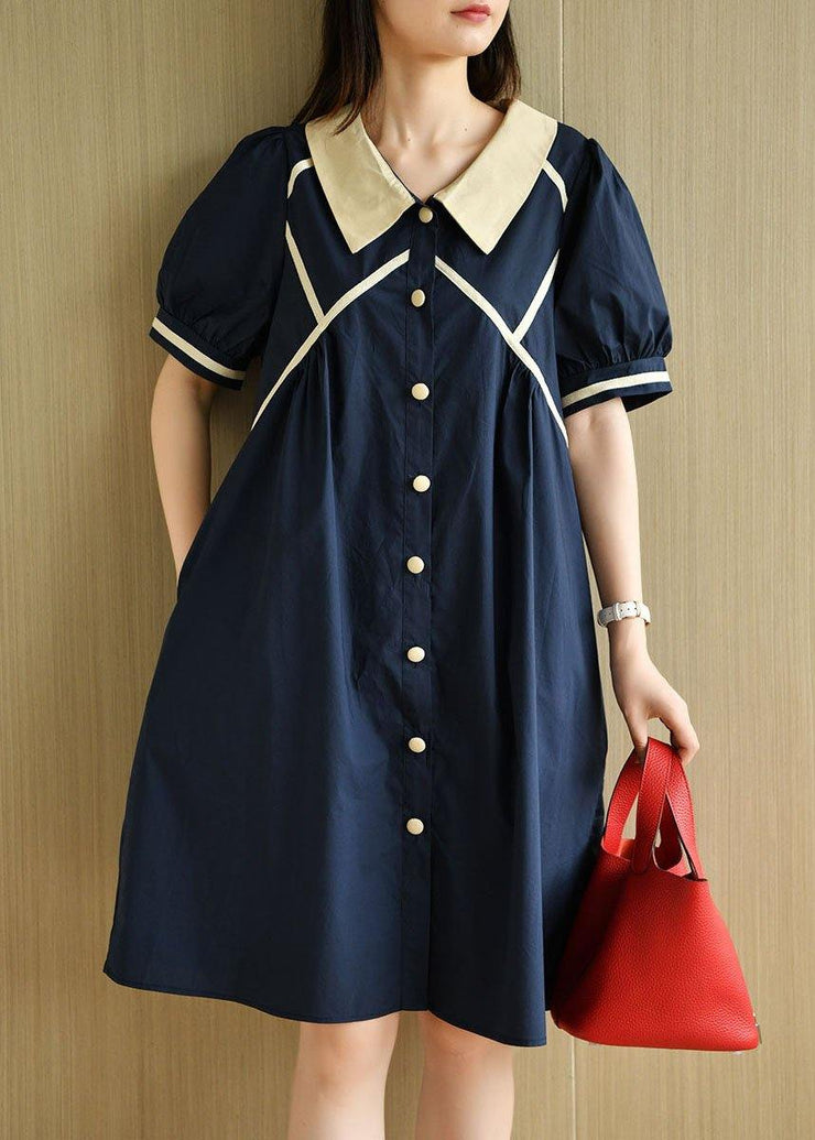 Chic Navy Peter Pan Collar Button Summer Cotton Dress Short Sleeve - SooLinen