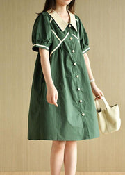 Chic Navy Peter Pan Collar Button Summer Cotton Dress Short Sleeve - SooLinen