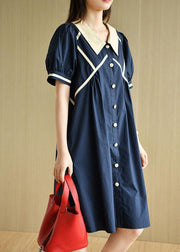 Chic Navy Peter Pan Collar Button Summer Cotton Dress Short Sleeve - SooLinen