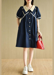 Chic Navy Peter Pan Collar Button Summer Cotton Dress Short Sleeve - SooLinen