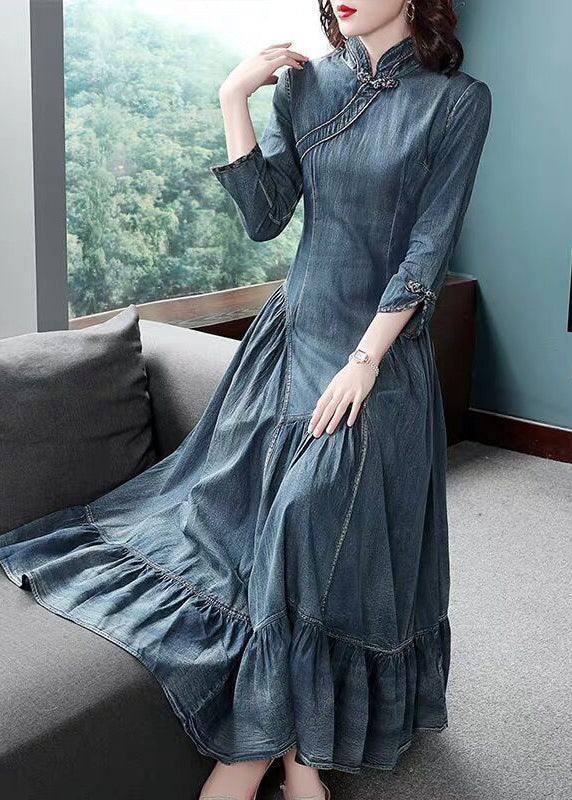 Chic Navy Stand Collar asymmetrical design Ruffles Cotton Denim Dresses Long Sleeve