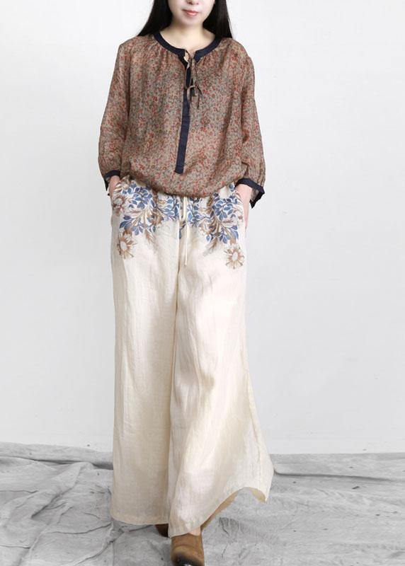 Chic Nude Print Elastic Waist Linen Pants - SooLinen