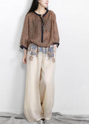 Chic Nude Print Elastic Waist Linen Pants - SooLinen