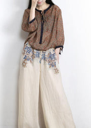 Chic Nude Print Elastic Waist Linen Pants - SooLinen