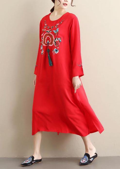 Chic O Neck Tassel Spring Tunics Outfits Red Embroidery A Line Dresses - SooLinen