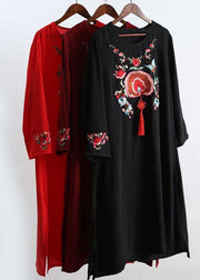 Chic O Neck Tassel Spring Tunics Outfits Red Embroidery A Line Dresses - SooLinen