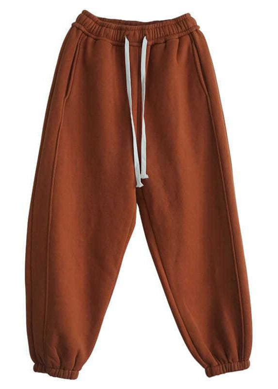 Chic Orange Cinched Pockets Warm Fleece Pants Winter