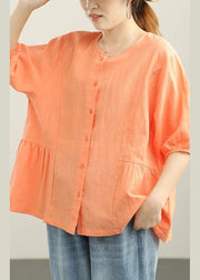 Chic Orange Cinched lantern sleeve Linen Summer Blouses - SooLinen