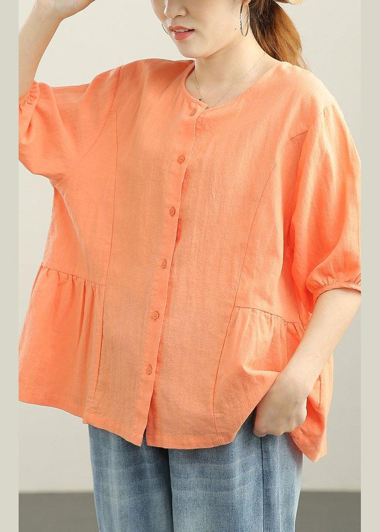 Chic Orange Cinched lantern sleeve Linen Summer Blouses - SooLinen