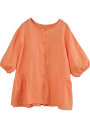 Chic Orange Cinched lantern sleeve Linen Summer Blouses - SooLinen