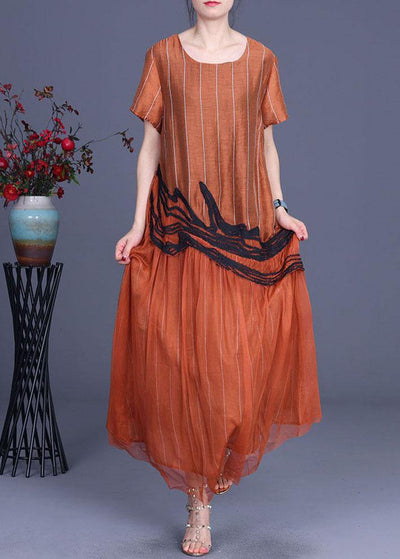 Chic Orange Embroidery Patchwork Summer Silk Dresses Short Sleeve - SooLinen