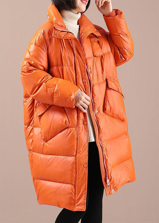 Chic Orange Loose Stand Collar Pockets Winter Duck Down Coats