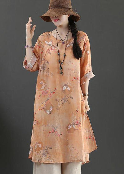 Chic Orange Print Long Linen Top Summer - SooLinen