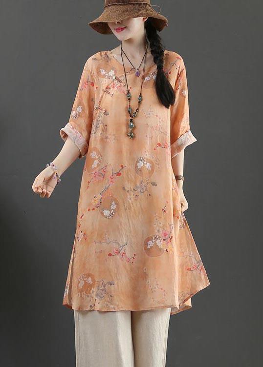 Chic Orange Print Long Linen Top Summer - SooLinen