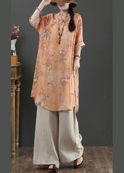 Chic Orange Print Long Linen Top Summer - SooLinen