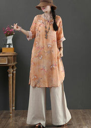 Chic Orange Print Long Linen Top Summer - SooLinen