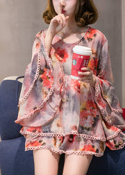 Chic Orange Print Patchwork Chiffon Shirt Long Sleeve