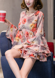 Chic Orange Print Patchwork Chiffon Shirt Long Sleeve