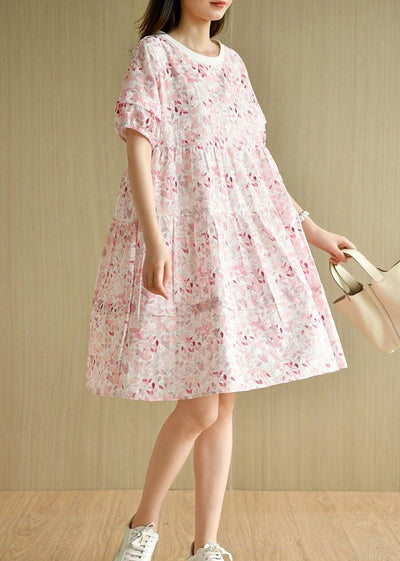 Chic Pink Puff Sleeve Print Summer Cotton Dresses - SooLinen