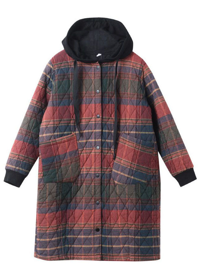 Chic Red Hooded Plaid drawstring Cotton Parkas Winter