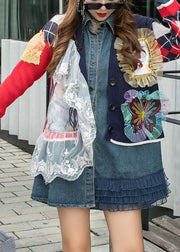 Chic Red Knit Patchwork Denim Ruffled Fall Long Sleeve Coat