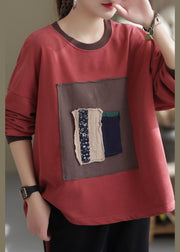 Chic Red O-Neck patch applique Cotton Shirt Spring