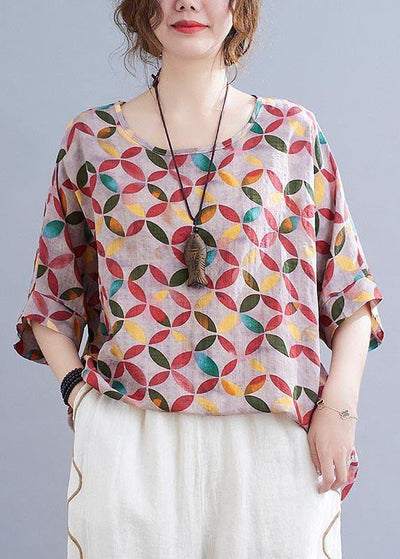 Chic Red Print Half Sleeve Cotton Linen Summer Shirt - SooLinen